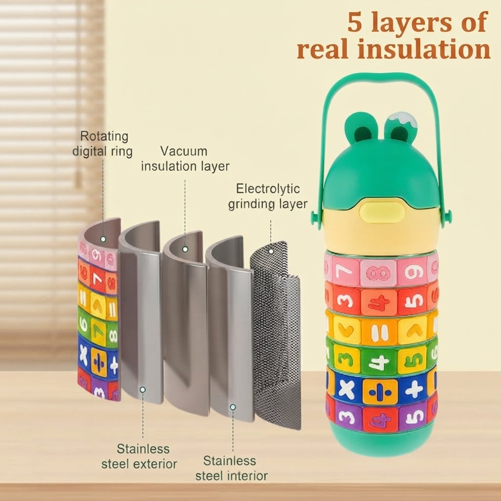 A colorful children's insulated bottle with a green frog-shaped lid and handle, shown beside a cutaway diagram of its layered stainless steel construction. Text reads '5 layers of real insulation' and labels the rotating digital ring, vacuum insulation layer, electrolytic grinding layer, and stainless steel exterior/interior.