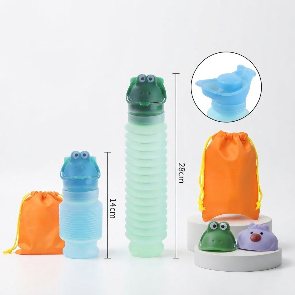Three frog-shaped collapsible travel pottys in light blue, mint green, and dark green, shown with orange drawstring bags and a circular inset showing a blue bottle being filled. Measurement labels indicate 14cm, 28cm, and 20cm on a clean white background.