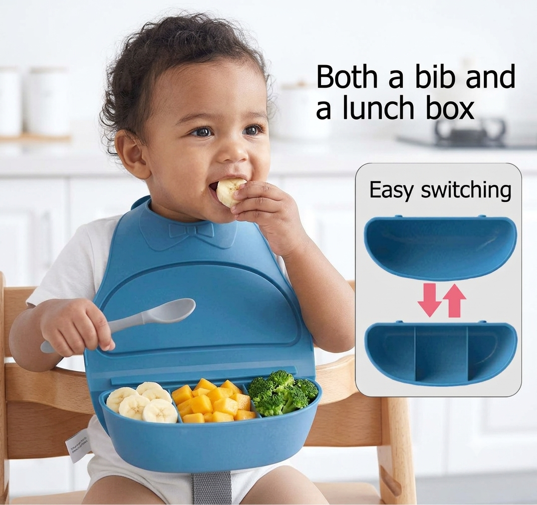 A baby wearing a blue silicone bib and seated in a wooden chair, eating banana and broccoli with a spoon. The image includes text reading 'Both a bib and a lunch box' and a diagram showing the bib converting into a lunch box, labeled 'Easy switching'.