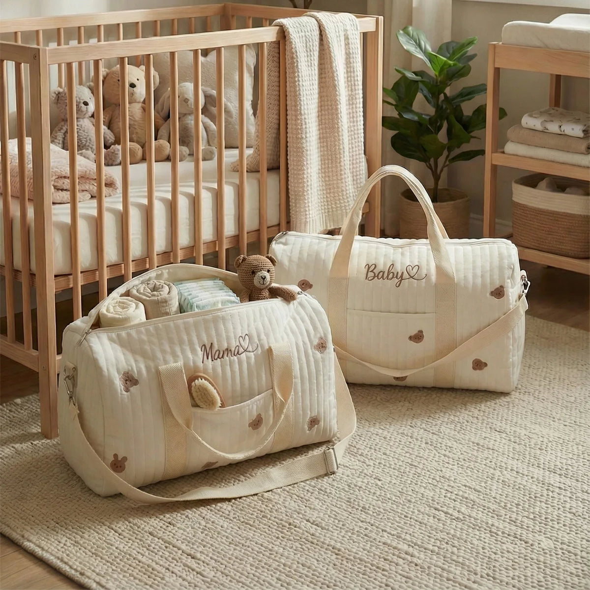 Nursery room with wooden crib, baby bags, and teddy bears.