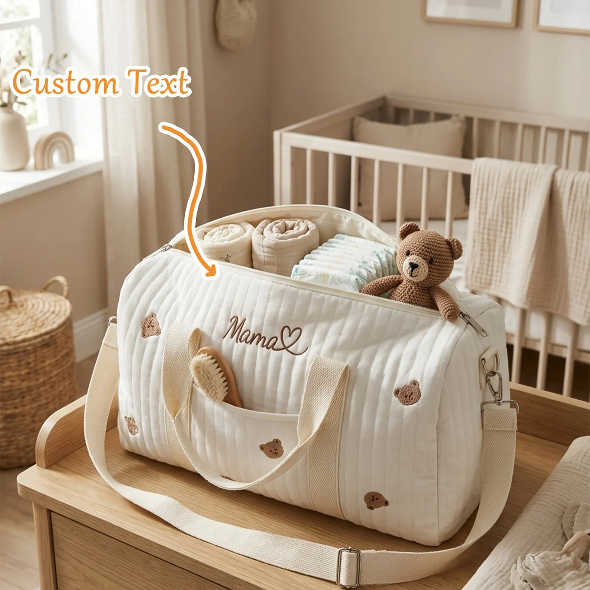 Baby diaper bag with teddy bear toys in a nursery setting