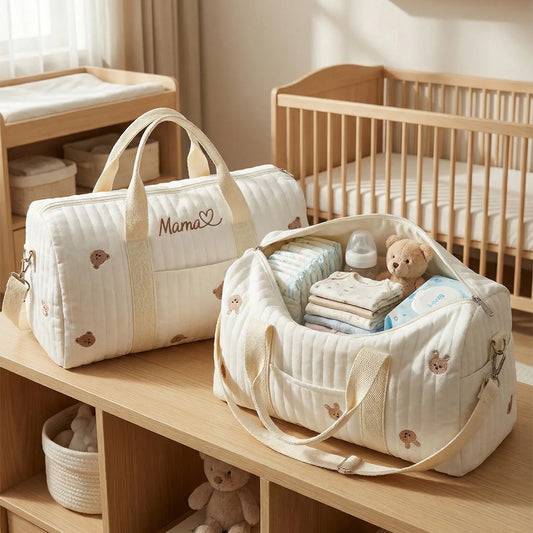 Baby bags with baby items on a wooden shelf in a nursery