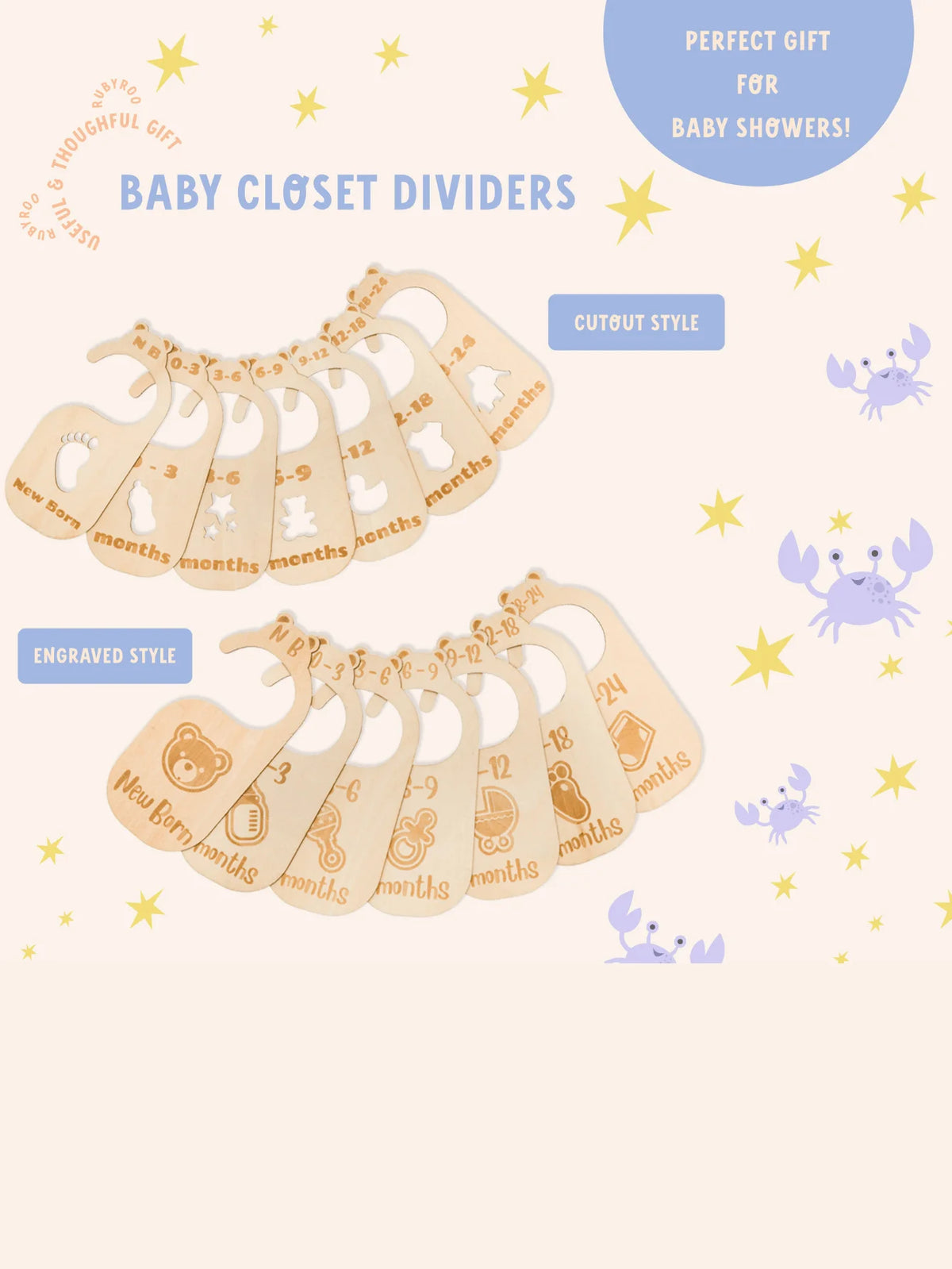 Wooden baby closet dividers with engraved designs on a white background with star and crab illustrations.