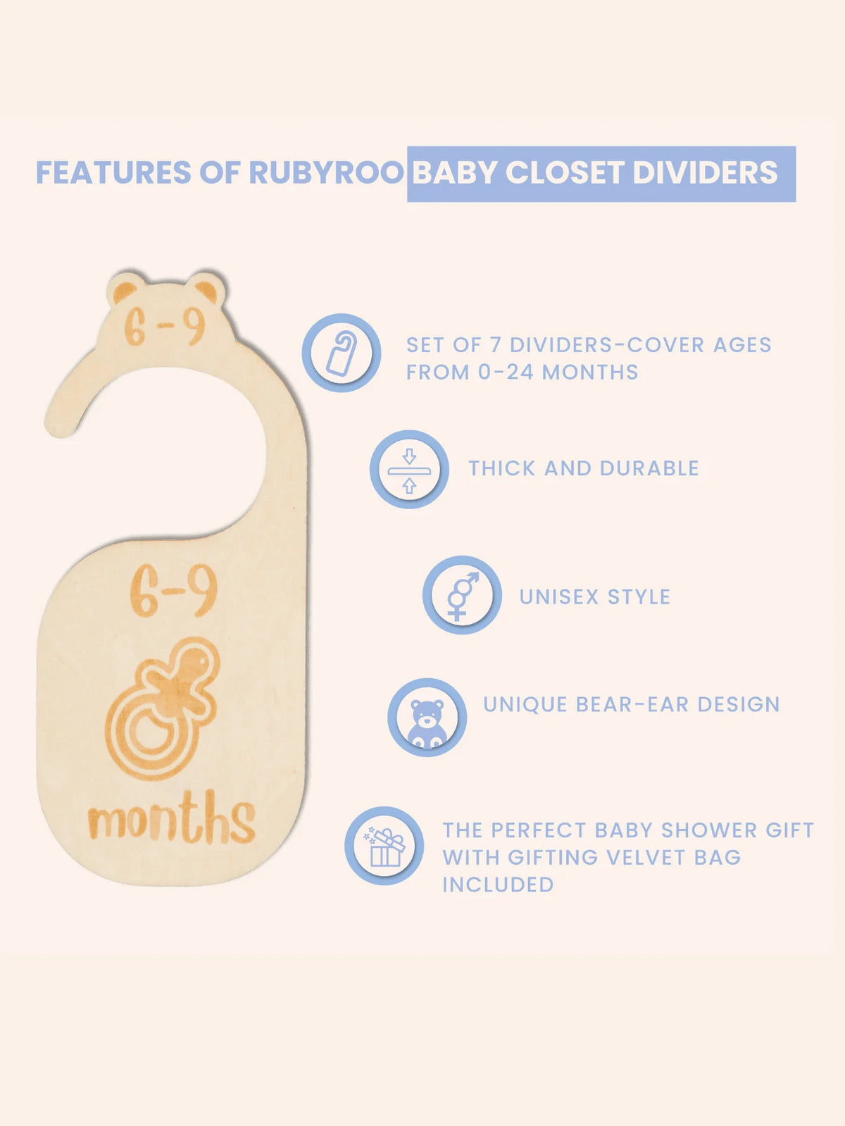 An informational graphic for Rubyroo baby closet dividers, showing a beige bear-ear shaped divider marked for 6-9 months alongside feature callouts on a pale cream background.