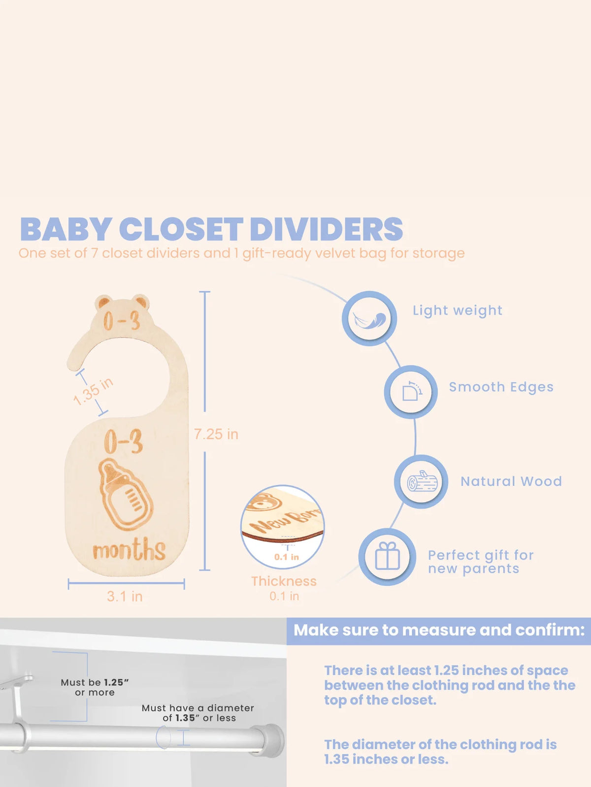 Baby closet dividers with product details on a white background