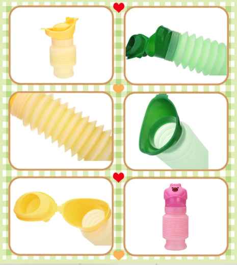 Six-panel product collage showing different colored emergency travel potty, arranged on a white background with a green checkered border.