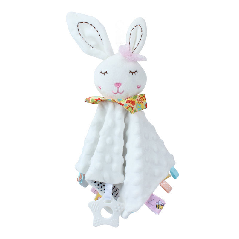 White bunny plush toy with a colorful bow tie on a white background
