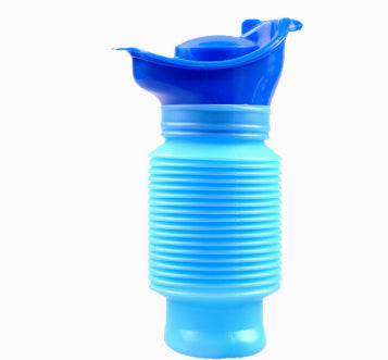 A blue collapsible silicone travel emergency potty with a ribbed body and a flip-top lid, isolated on a white background.