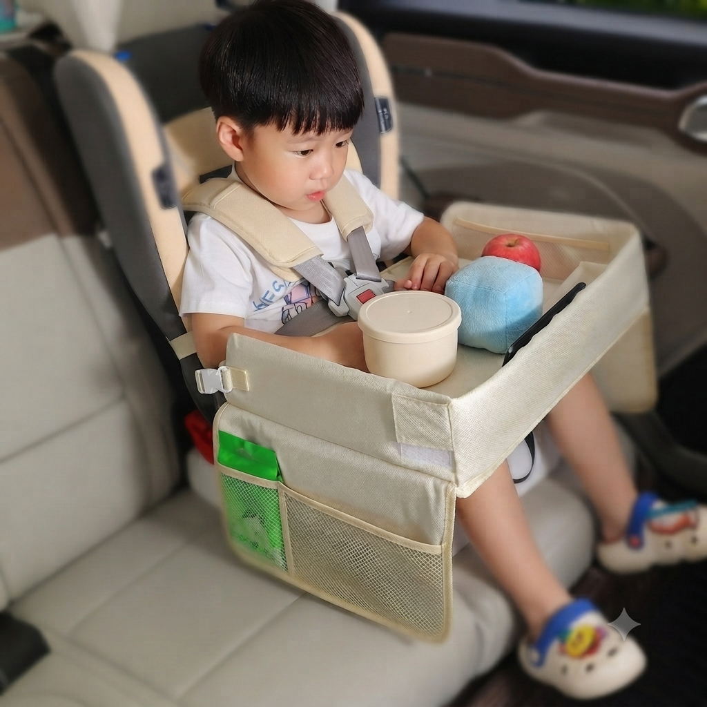 A child seated in a car booster seat uses a beige fabric car desk tray with a cup holder and side mesh pockets, holding toys and a cup inside the vehicle.