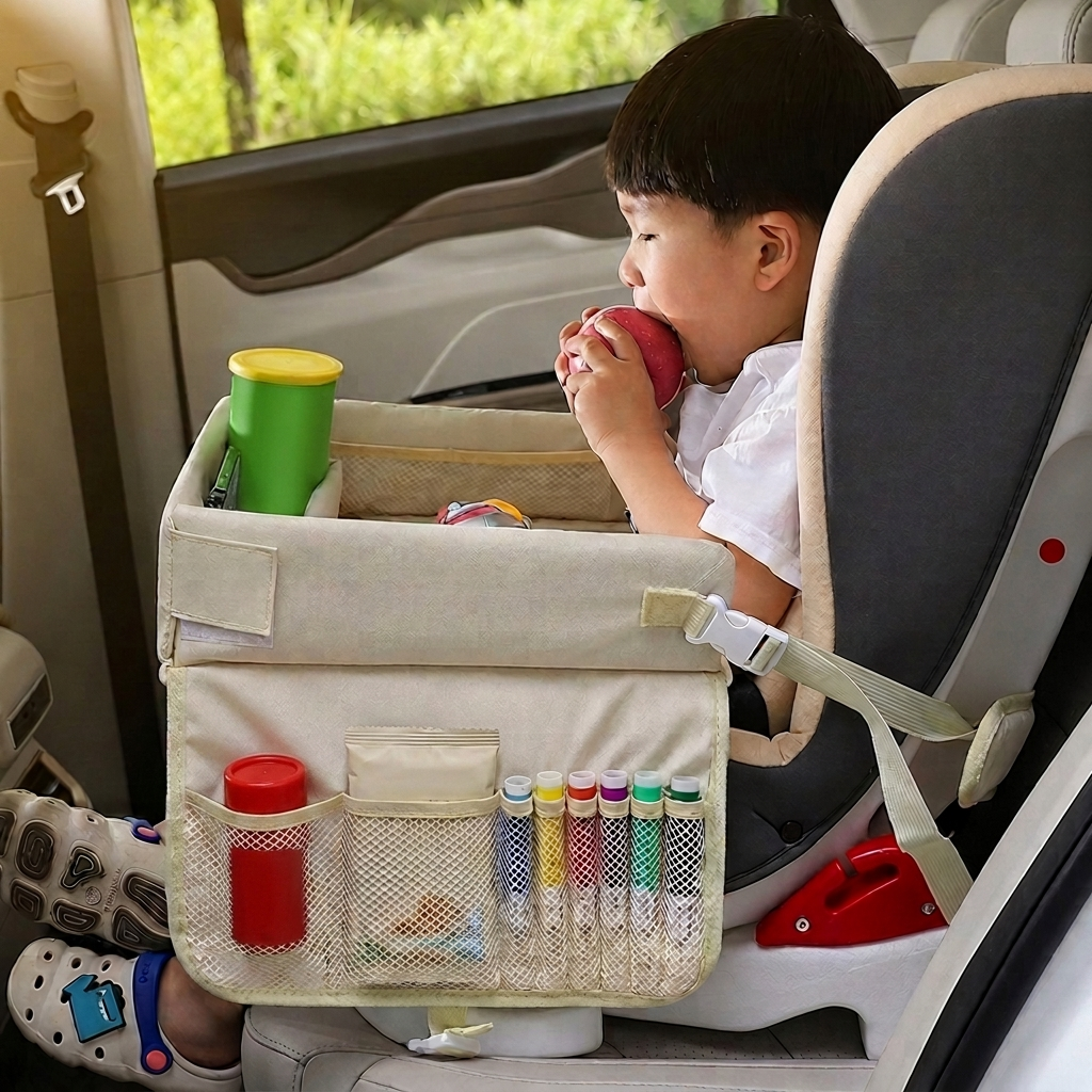 A child sitting in a car seat uses a beige fabric car-side organizer bag mounted on the seat, holding a red apple and drinking from a green cup. The bag has mesh pockets holding pens and small items.