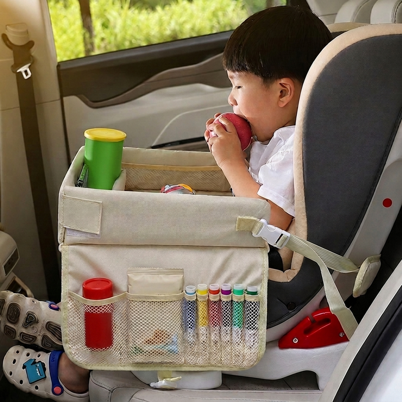 A child sitting in a car seat uses a beige fabric car-side organizer bag mounted on the seat, holding a red apple and drinking from a green cup. The bag has mesh pockets holding pens and small items.