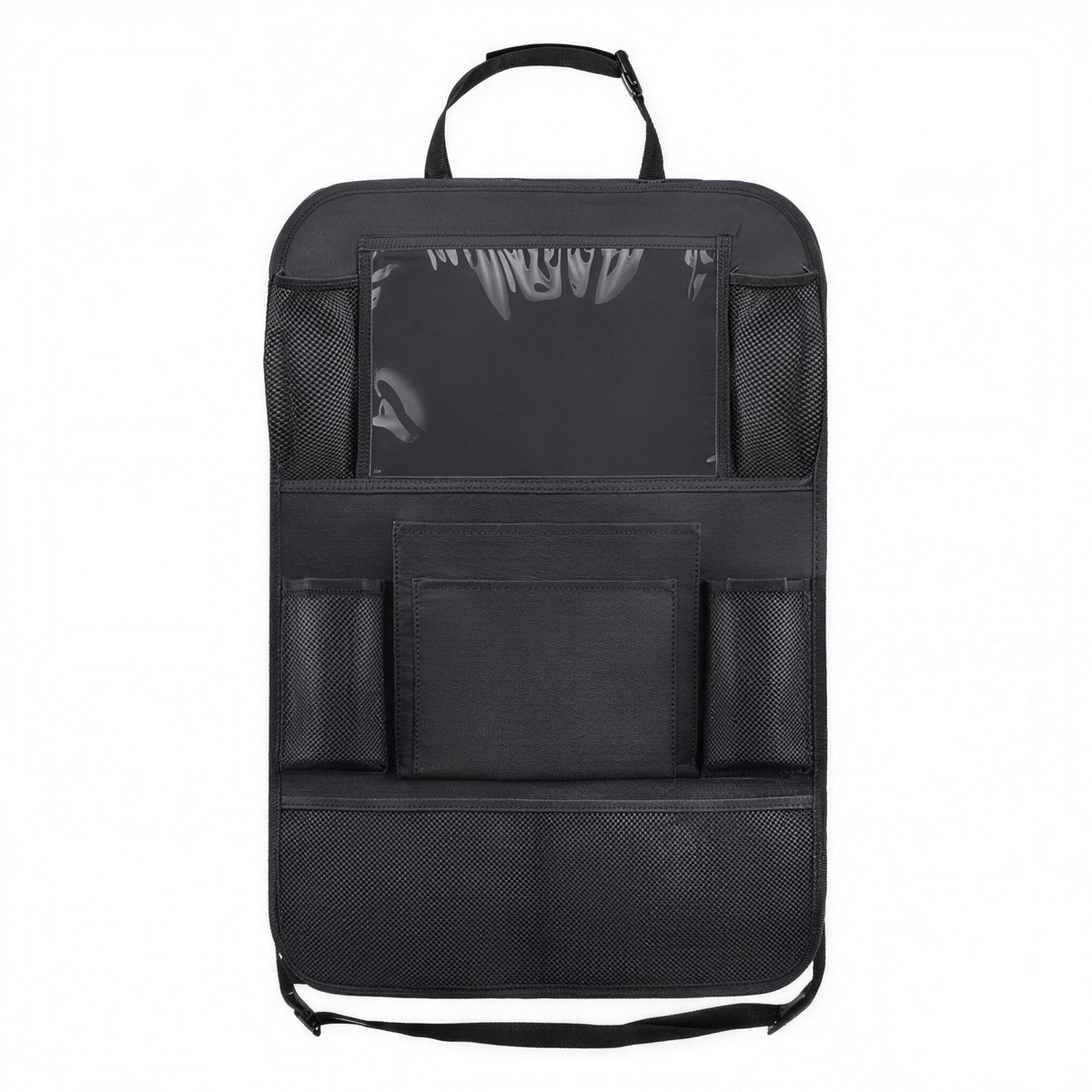 Black car seat organizer with multiple pockets on a white background