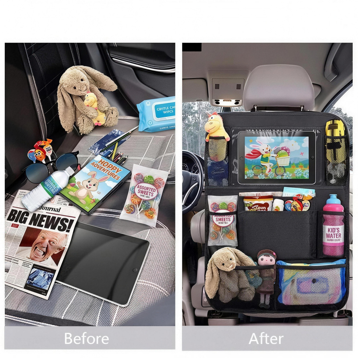 A side-by-side before and after comparison of a car back seat organizer.
