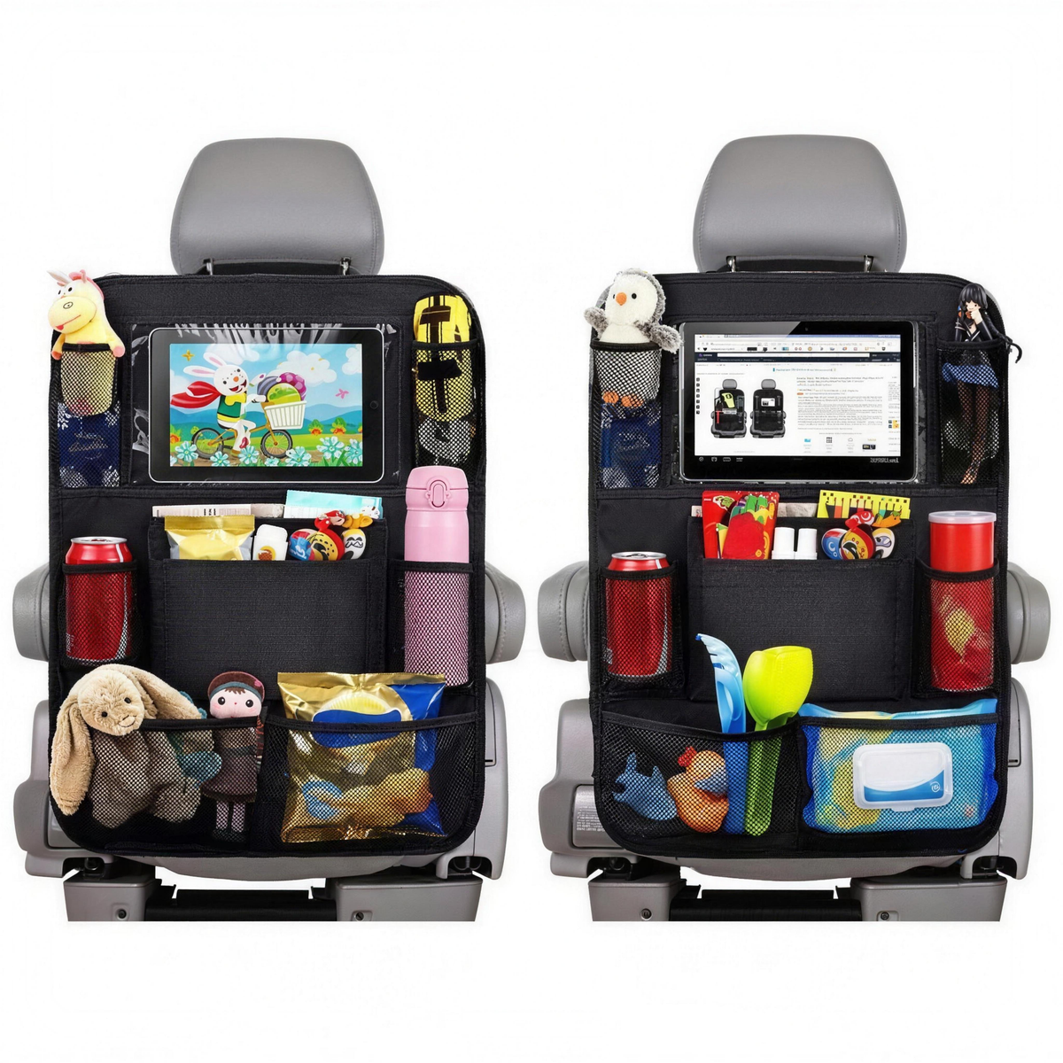 Two black car seat organizer bags hanging from the back of two gray child car seats, shown side by side to demonstrate storage capacity.