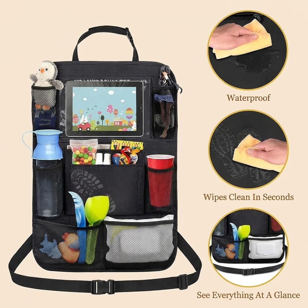 Black car seat organizer bag with multiple mesh pockets, a clear plastic insert, and a visible bottom securing strap, shown with various accessories and three circular inset images demonstrating waterproof and cleaning features.