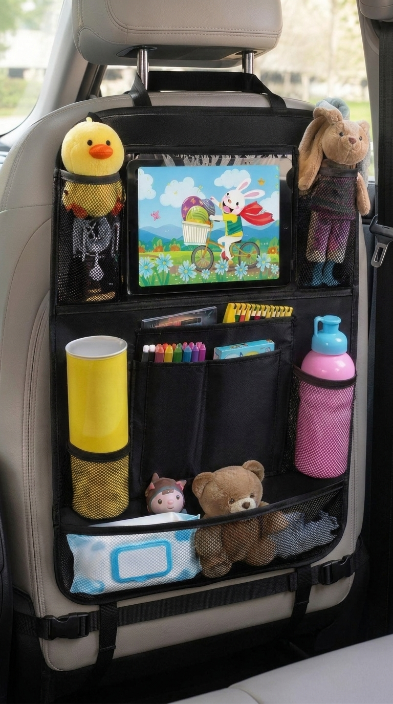 A black car seat back organizer hanging on a front seat headrest inside a vehicle, high resolution, showing the bottom securing strap. The organizer has multiple mesh and fabric pockets holding a yellow duck toy, a rabbit plush, a tablet, a yellow cup, pens, a pink water bottle, and wipes.