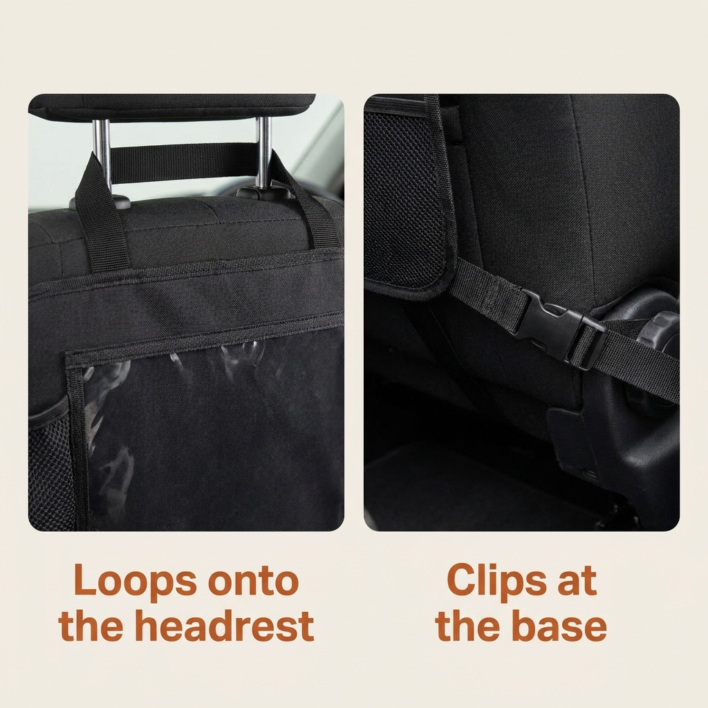 Installation diagram showing the car seat organizer's top handle looped onto a headrest post and the bottom strap clipped around the base of the car seat.